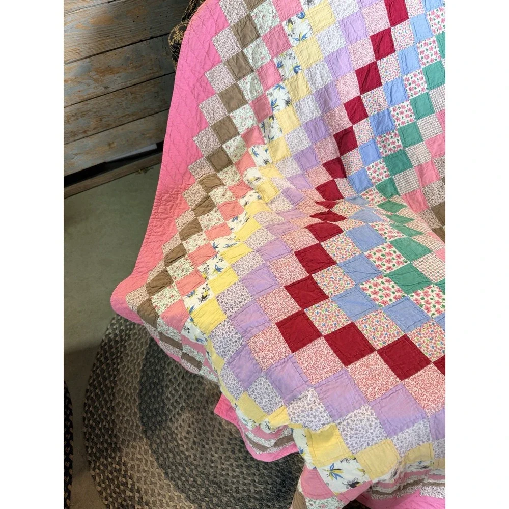 Vintage 1890's Four Patch / Diamonds Antique Quilt ~Gorgeous Early Fabrics!